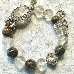 Green Phantom & White Phantom Quartz Bracelet – Silver Floral Vintage Style
